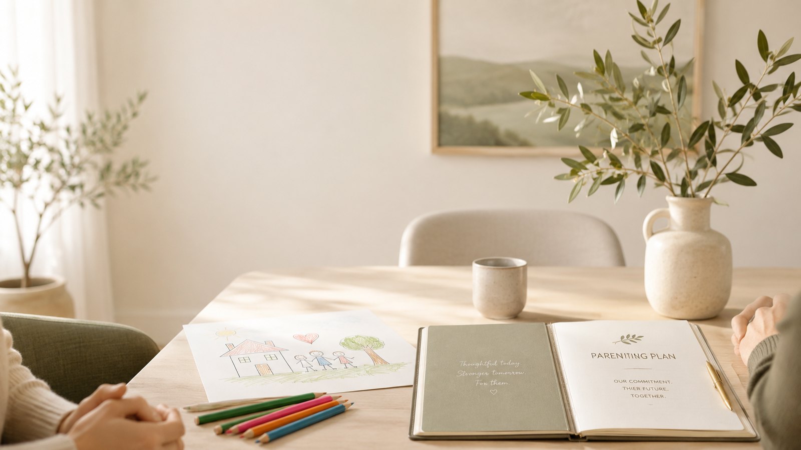 A parenting plan on the table, with a child’s drawing nearby